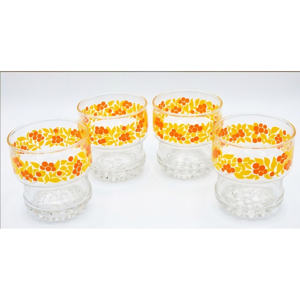 Vtg Anchor Hocking Bubble Bottom Juice Glasses Berries Orange Yellow MCM Set 4